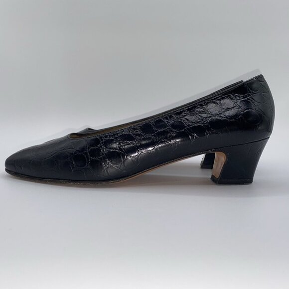 Salvatore Ferragamo Black Leather Croc Print Low Block Heel Slip-On 7.5AA Shoes - Picture 4 of 16